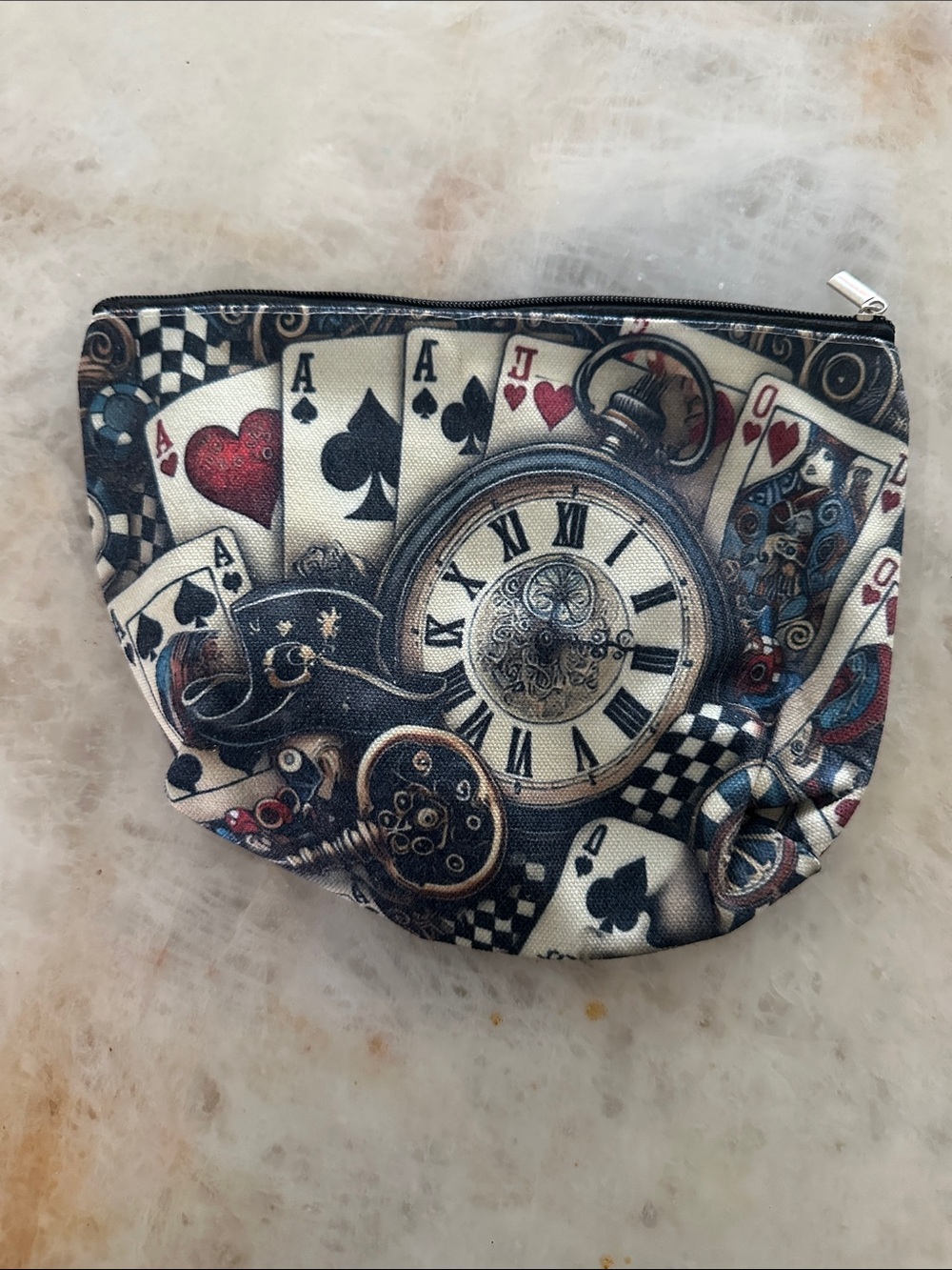 Playing Cards & Pocket Watch Printed Zip Pouch